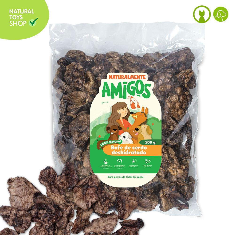 bofe de cerdo deshidratadas snacks premios naturales, orgánicos y saludables para perros y gatos
