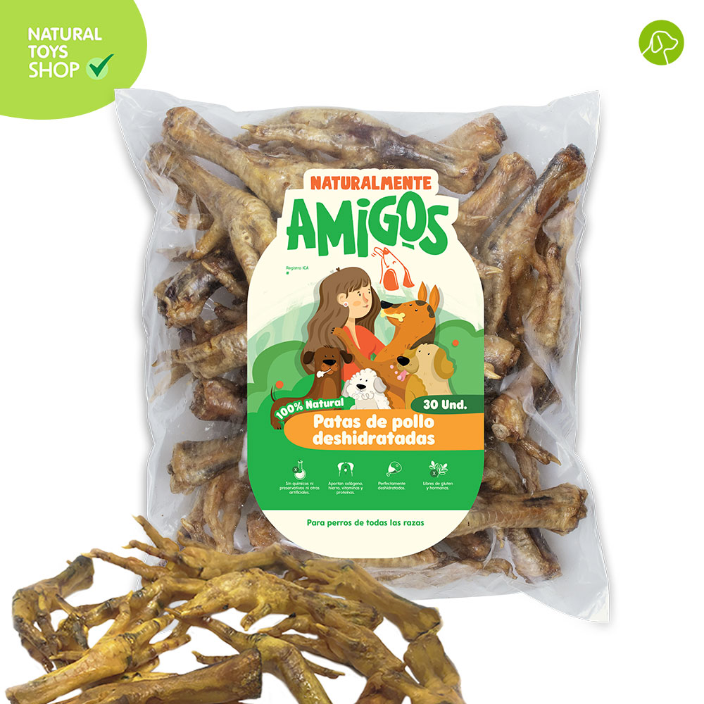 Snacks_patas_pollo_deshidratados_organico_amigos_naturales_perros_gatos_mascotas_recarga_30und patas de pollo deshidratadas snacks premios naturales, orgánicos y saludables para perros